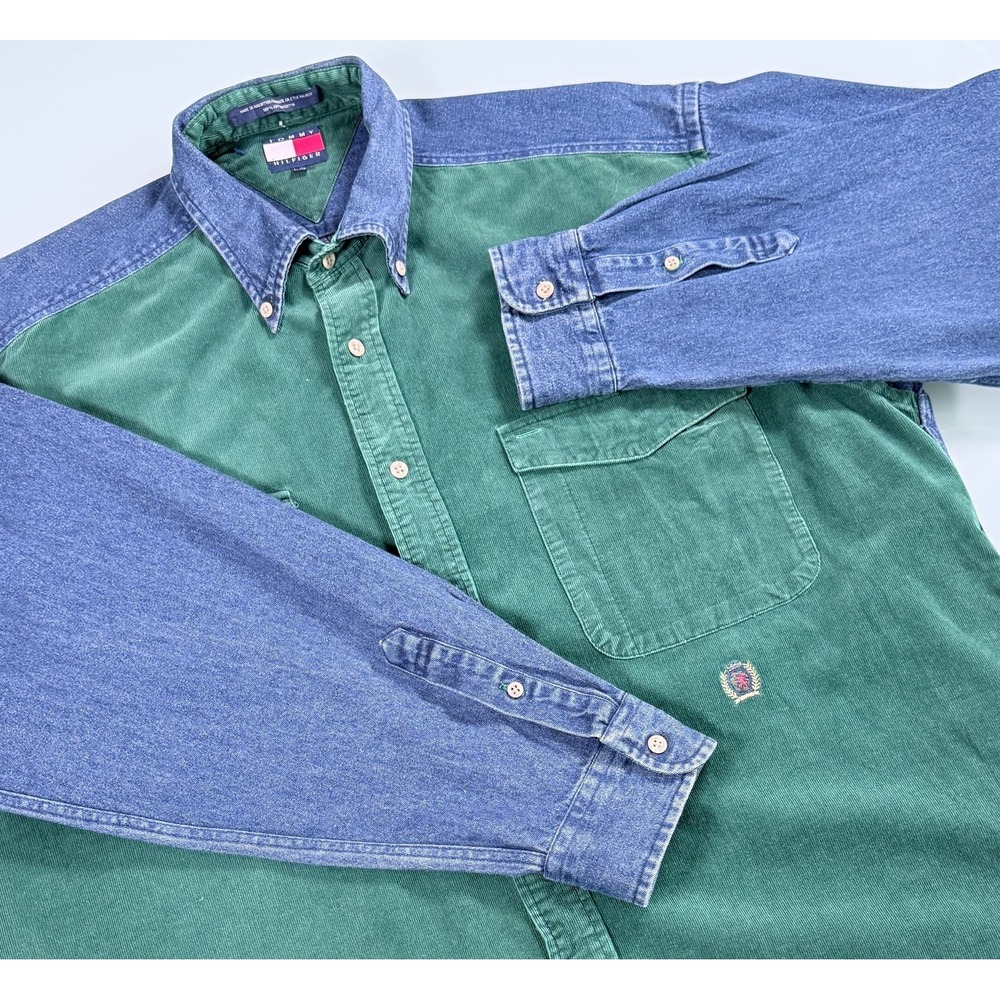 VTG 90s Tommy Hilfiger Denim & Corduroy Shirt Mens L Blue & Green Logo Preppy